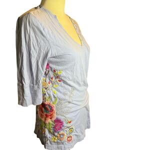 Johnny Was Blue Embroidered Boho Tunic Top, Floral Butterfly, Women's Small